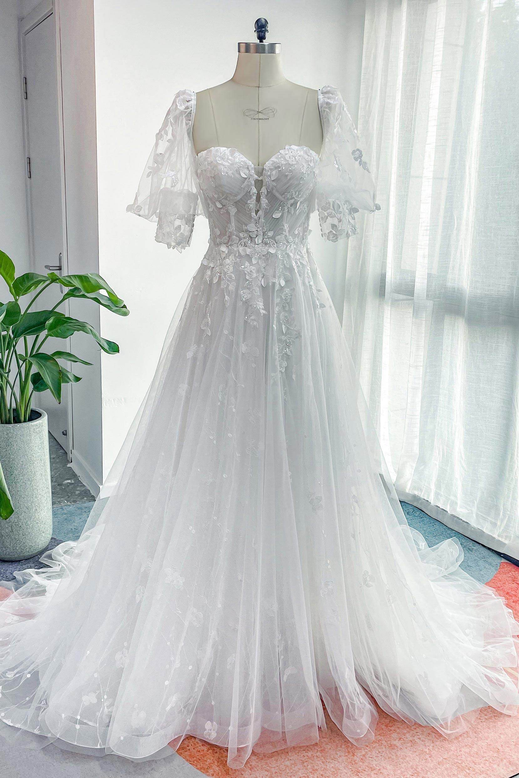 A-Line Court Train Lace Tulle Wedding Dress CW3161 - COCOMELODY